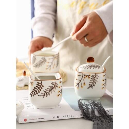 Japanese-style ceramics Storage tank MSG salt sugar condiment Four-piece kitchen Home Kitchenware with Spoon Square Pepper Jar