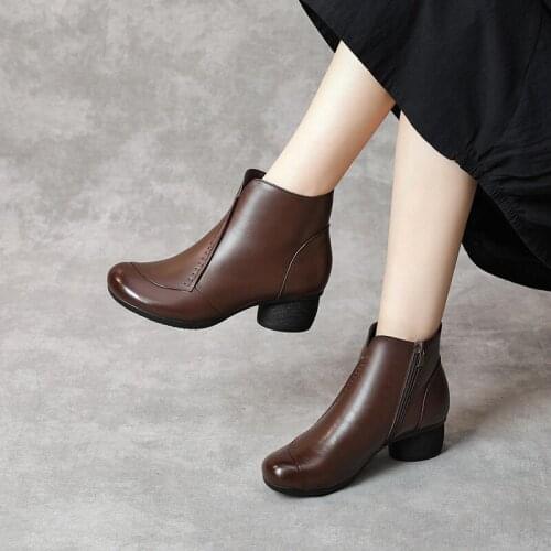 Leather Womens Boots High Top Womens Shoes Thick Heel Middle-aged Cowhide Womens Short Boots Round Head Warm Mothers Boots