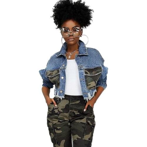 Autumn Winter Hole Ripped Denim Jacket Women Camo Pockets Patchwork Streetwear Long Sleeve Cropped Jean Bomber Jacket Coat Femme