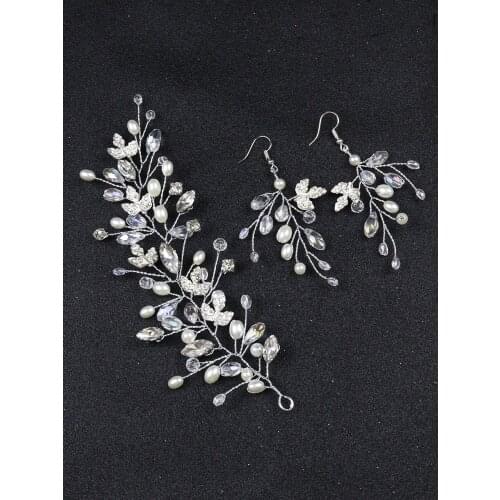Fashion Silver Hair Clips Earrings Set Pearls Leaves Headbands Women Crystal Headdresses for hair Wedding Bridal Hairbands