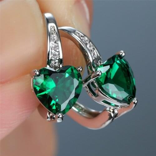Luxury Female Green Zircon Stone Earrings Silver Color Clip Earrings For Women Cute Rainbow Love Heart Wedding Earrings