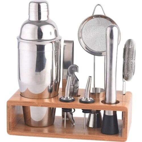 Cocktail Shaker Set Jigger Mixing Spoon Tong Barware Bartender Tools W/Wood Storage Stand Bars Mixed Drinks