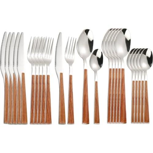 24pcs 304 Dinnerware Set Stainless Steel Cutlery Imitate Wooden Handle Tableware Silverware Steak Knife Fork Tea Spoon Flatware