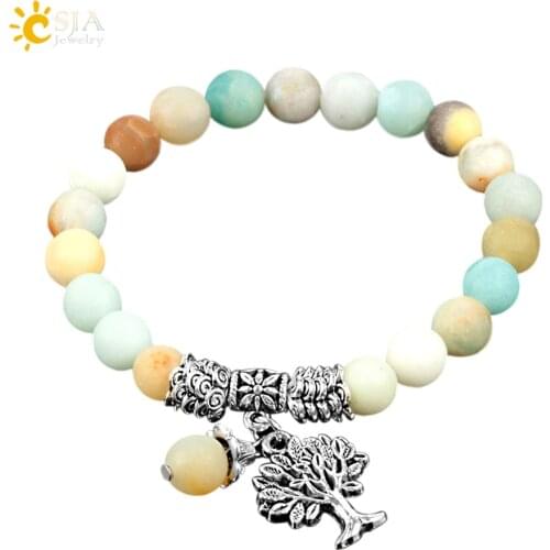 CSJA Natural Amazonite Stone Meditation Bracelets Tree of Life Round Prayer Yoga Matte Mala Beads Bracelet Chakra Jewellery E739