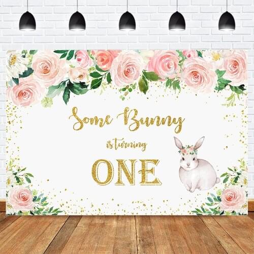 Newborn Bunny One Birthday Party Banner Backdrop for Photography Cartoon Rabbit Pink Watercolor Rose Background Photo Studio