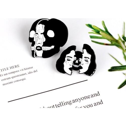 Punk Girl Black Cool Women Skull Face Enamel pins Funny Gothic Skeleton Badge Clothes Lapel Pin Brooches Dark Jewelry Wholesale