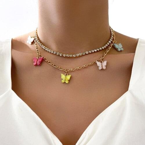 Stillgirl 2 Layer Kpop Crystal Multi Color Butterfly Pendant Necklace for Women Aesthetic Gold Chain Set Female Cute Y2k Jewelry