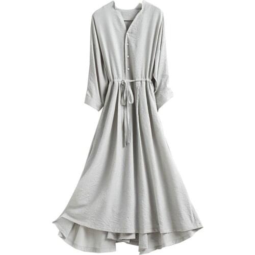Women Long Sleeve Flowy Dress 2021 Spring Autumn Casual Cotton Linen Midi Dresses Buttons Up Tunic Dress Solid Clothes Vestidos