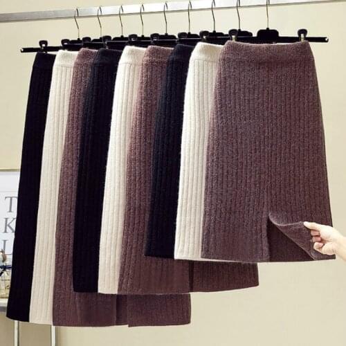 Thick Woolen Long Rib Knitted Tube Skirt Winter Warm Cashmere Blend Back Split Mid Calf Pencil Skirts 3 Length 5 Colors