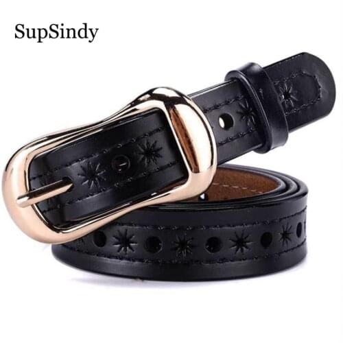 SupSindy hot womens genuine leather belt hollow Punk luxury brand designer belts for women jeans high quality female belt Black