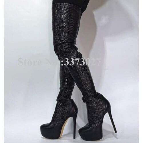 Sexy Black Snakeskin Leather Women Thigh High Boots Fashion New Stiletto Heel Platform Over the Knee Boots Lady Long Boots
