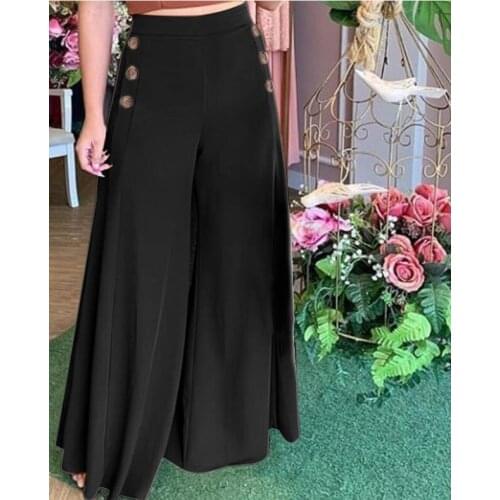 Nowsaa Womens Fashion Autumn Long Pants Vintage Elastic Waist Trousers Casual Wide Leg Pants Female Button Bottoms Elegant