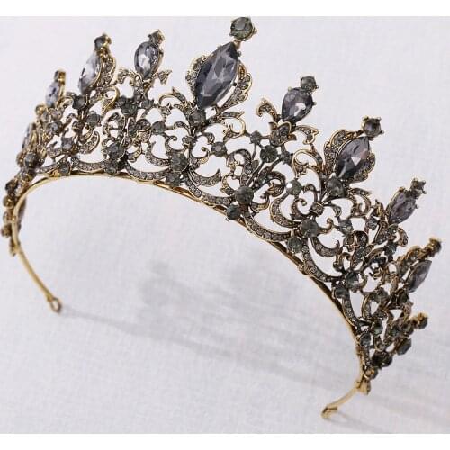Baroque Retro Black Crystal Wedding Tiara Bridal Crown for Bride Headband Jewelry Hair Accessories Gold big Rhinestone Crowns