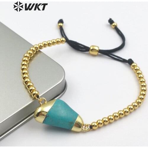 WT-B436 Irregular Shape Natural Howlite Stone Jewelry Gold Capped Pendant With Round Metal Beads Charm Women Fashion Bracelet