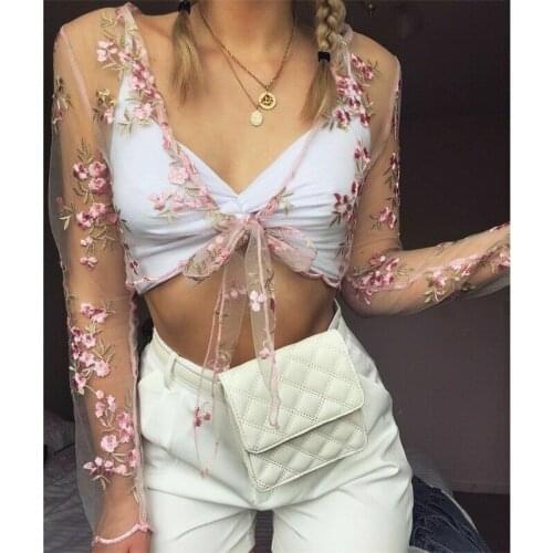 Women Floral Embroidery Top Mesh Sheer See-through T Shirt Long Sleeve Crop Top Shirt V Neck T-Shirts