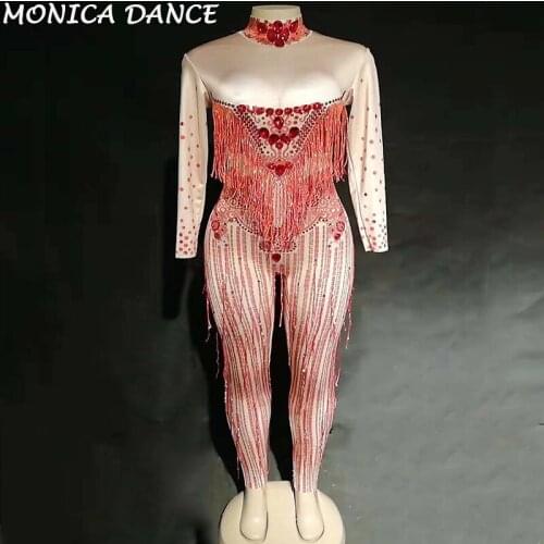 Women Sexy Stage Red Tassel Jumpsuit Big Glass Sparkling Crystal Bodysuit Nightclub Party Stage Wear Singer Dance Bling Jumpsuit
