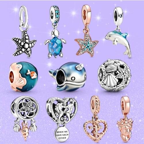 2Pcs/Lot Lovely Dolphin Tortoise Charms Pendant Beads fit Original Brand Bracelets Necklaces for Women Kids DIY Jewelry Making