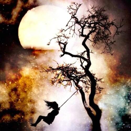 5d diamond painting tree girl swinging moon full square diy diamond mosaic landscape sticker canvas art embroidery decoration