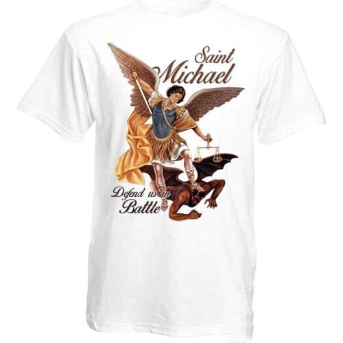 Archangel Saint Michael Defend Us In Battle. Christian Catholic T-Shirt Summer Cotton Short Sleeve O-Neck Mens T Shirt New S-3XL