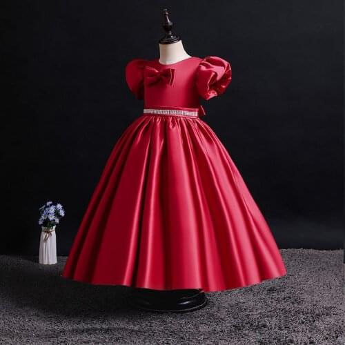 Children Birthday Elegant Vintage Dresses Girl Christmas Red Bow Dress Kids Princess Prom Gown Teenage Girl Graduation Clothes