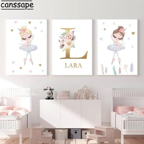 Ballet Dance Girl Canvas Art Poster Personalized Custom Name Painting Nursery Wall Art Print Picture Nordic Baby Room Wall Decor