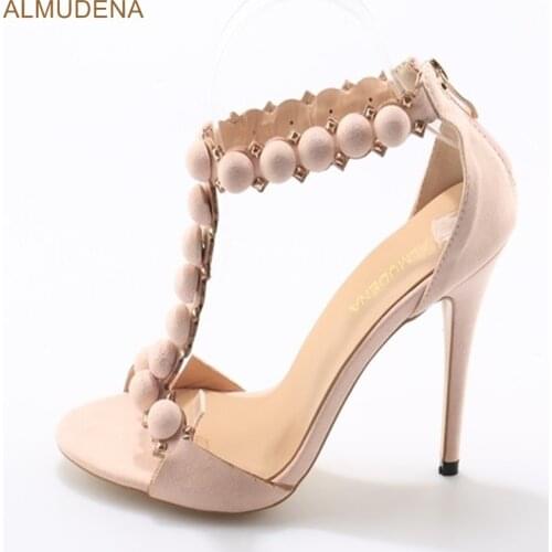 ALMUDENA Elegant Nude Suede T-bar Studded Sandals Thin High Heels Round Shape Design Decoration Dress Shoes Rivets T Strap Pumps