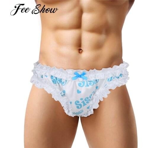 Feeshow Sexy Men Briefs Gay Underwear Lingerie Sissy Panties Soft Frilly Ruffled High Cut Lace Briefs Underwear Bloomers Panties
