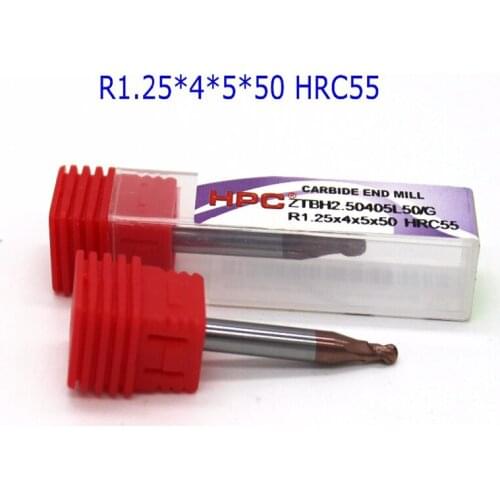 Hot sail 5pcs of R1.25*4*50 ball nose HRC55 tungsten solid carbide end mills cutter CNC machine tool