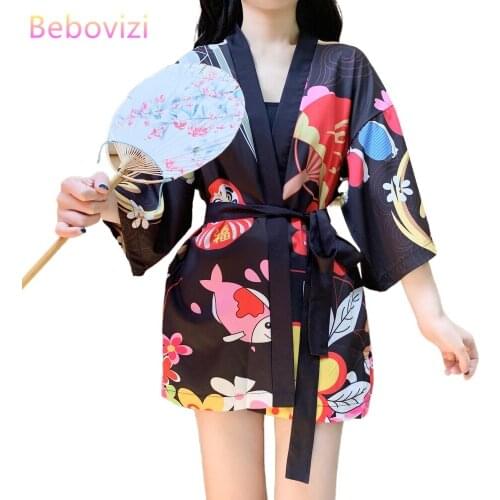 Loose Red Black Lucky Cat Japanese Cartoon Kawaii Beach Cardigan Asian Women Harajuku Kimono Cosplay Tops Blouse Yukata Clothing