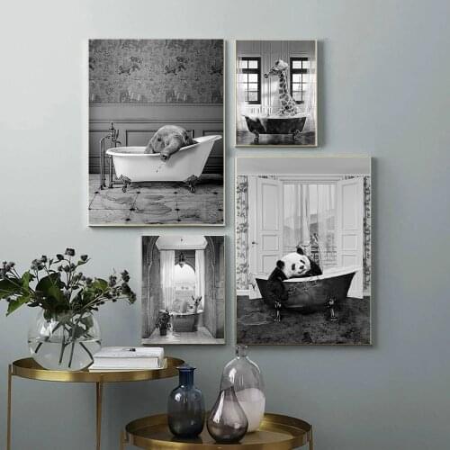 Canvas Painting Black and White Animals Bathroom Photo Wall Art Pictures Giraffe Elephant Funny Posters Animes Room Decor