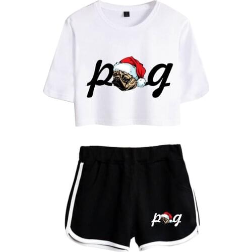 Summer FUNNY PUG Exposed Navel White T-shirt and Black Shorts Womens two-piece Sets Fashion Girls Casual Animal Dog Suits