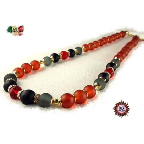 Frosted glass and crystal necklace-tone: Red-metal: Golden