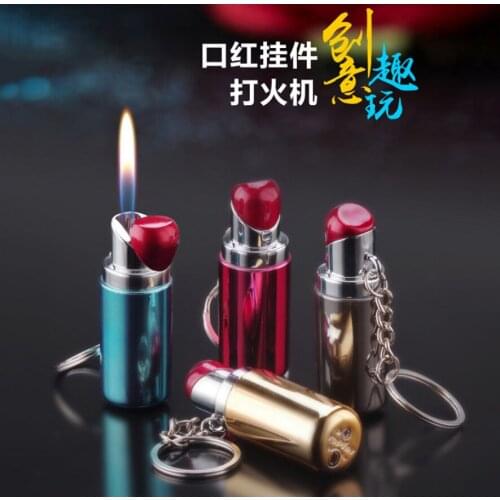 Mini Lipstick Open flame cigarette lighter car key chain pendant butane Inflatable igniter woman smoking gadget (no gas)