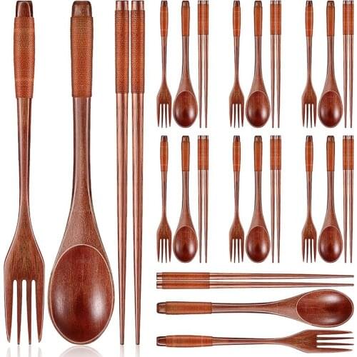 24 Pieces Wooden Spoons Forks Chopsticks Set Wooden Flatware Tableware Cutlery Reusable Handmade Travel Flatware Set