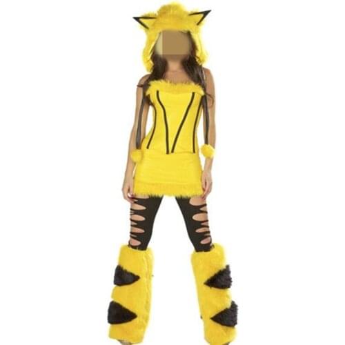 Fancy Free Shipping New Sexy Yellow Costume Adult Cat Costume for Women Halloween Fur Animal Costume Cosplay