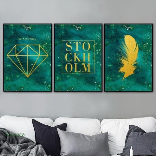 Golden Feather Green Background Posters And Prints Wall Art Canvas Painting Nordic Wall Pictures For Living Room Home Decor