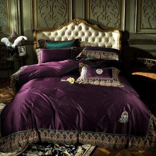 Luxury Purple 120S Egyptian cotton Embroidery Royal Bedding sets Queen King Lace Duvet cover Bed sheet set Pillowcases 4/5pcs