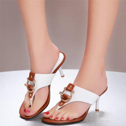 Women Genuine Leather High Heel Flip Flops Female Thong Roman Gladiator Sandals Summer Punk Rivets Pumps Shoes Outdoor Slippers