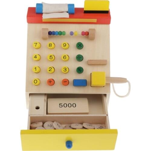 Simulation Supermarket Cash Register Toy Wooden Simulation Checkout Counter Kids Role Play Early Education Puzzle Game Toy