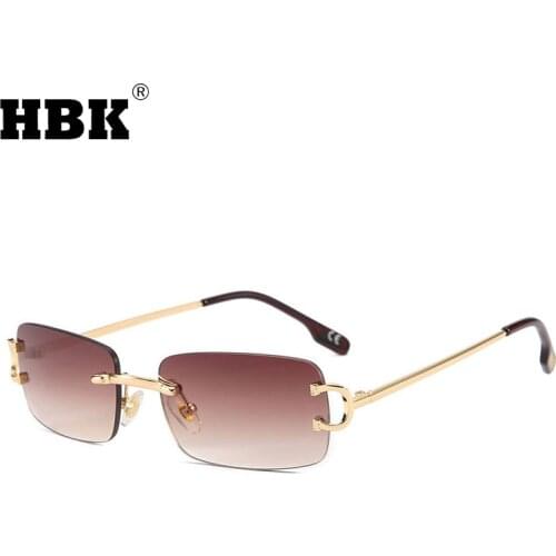 HBK Retro Rimless Sunglasses For Women Men Small Square Gold Frame Brand Design Tea Shades Rectangle UV400 Zonnebril Eyewear