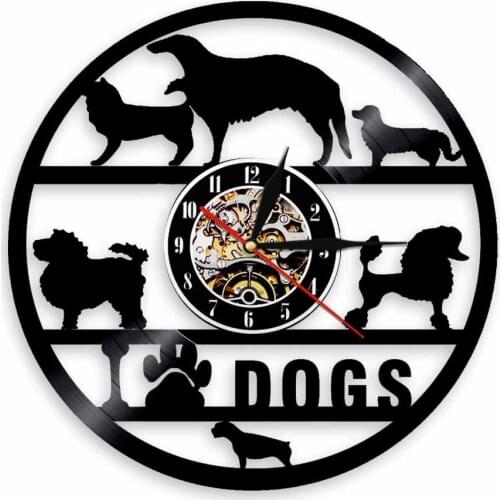 I Love Dogs Vinyl Record Wall Clock Laser LP Handicraft Art For Animals Lover Gift LED Light Vintage Silhouette