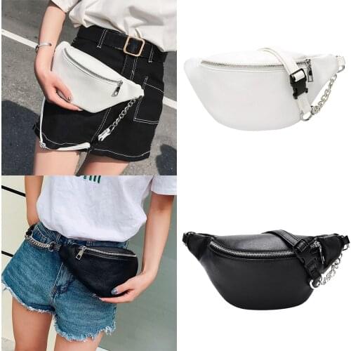 Womens Casual PU Waist Bag Chain Fanny Pack Travel Belt Purse Shoulder Bags Female Crossbody Bags Black/White