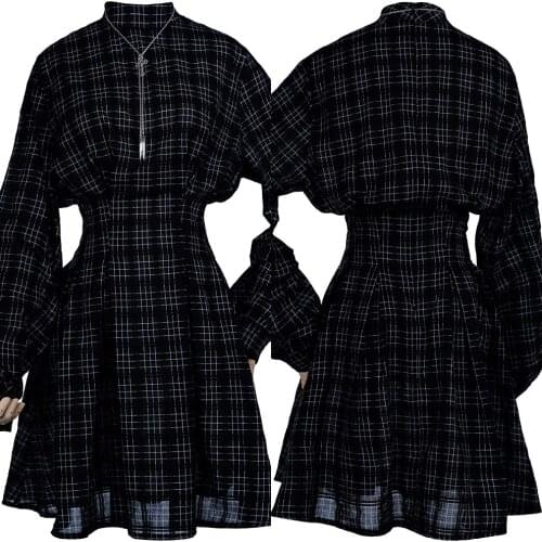Punk Gothic Retro Plaid Dress Spring Summer High waist Dresses Women‘s Sexy Long Sleeve Black Perspective Dress