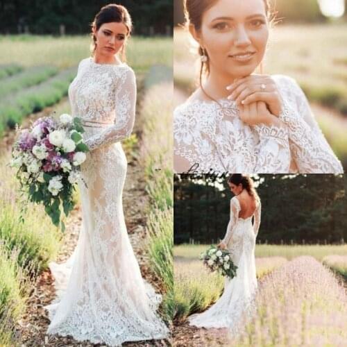Modest Boho Mermaid Wedding Dresses 2020 vestidos de novia Long Sleeved Wedding Gowns Sexy Backless Country Bridal Dress