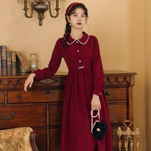 New Autumn Women Dress Beaded Lapel Chic and Elegant Roupas Femininas Dresses French Vintage Red Dress Vestidos de fiesta
