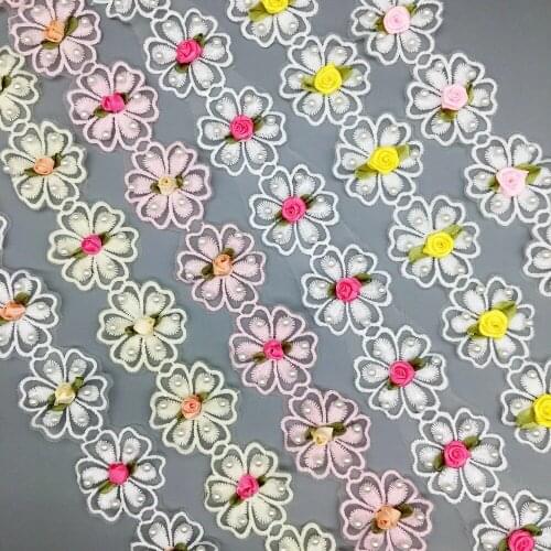 10pcs Multicolor Rose Lace Fabric Applique Pearl Trim Lace Flowers Patch Vintage Sewing Ribbon for Childrens Headbands
