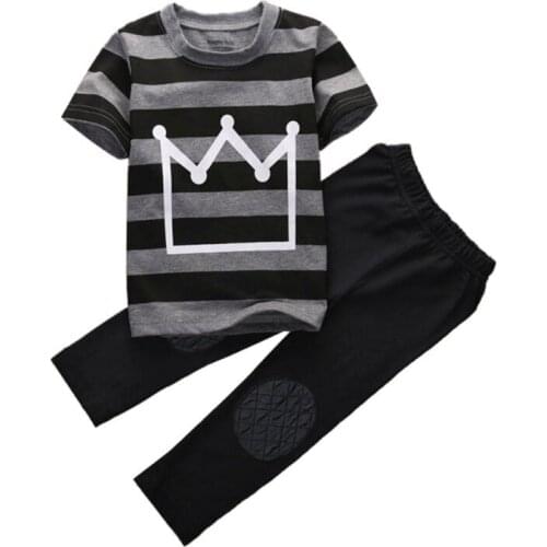 2019 Baby Boys Sets Summer Boys Clothes Striped T shirt+Pants Trousers Crown Print Children Casual Sports Suit
