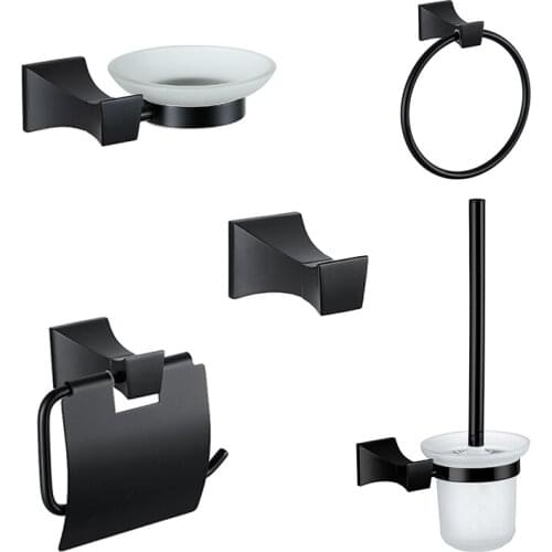 Bathroom Accessories Towel Holder Ring Paper Holder Glass Soap Dish Toilet Brush Holder Zinc Steel Black Bathroom Hardware Set