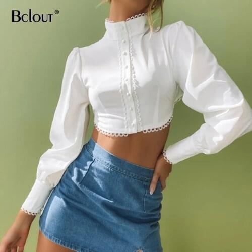 Bclout Office White Lace Stand Collar Shirt Summer Chic Crop Top Blouse Woman Elegant Ladies Tops Long Sleeve Button Up Top 2021