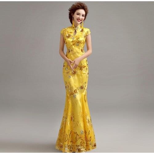 Sequin Chinese Wedding Dress Traditional Plus Size Cheongsam Qipao Party Oriental Style Evening Dresses Long Yellow Gown Costume